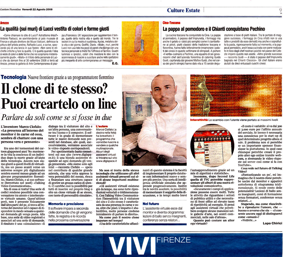 Il clone di te stesso? Puoi creartelo on line - Corriere della Sera 22 Agosto 2008
