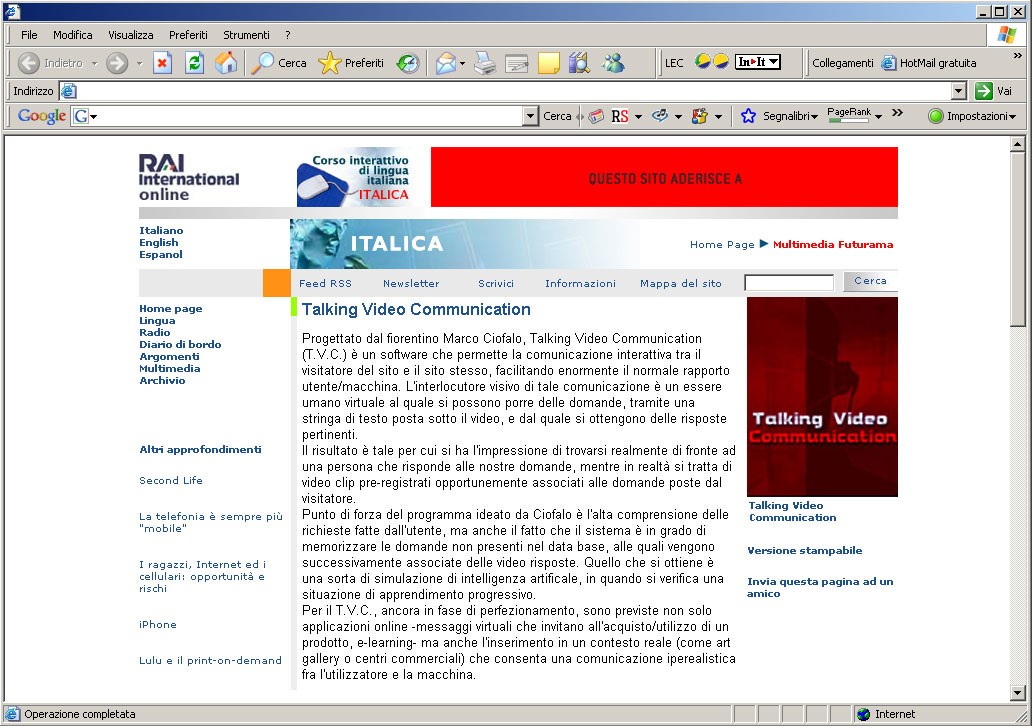 Talking Video Communication - Rai International 2006 2007