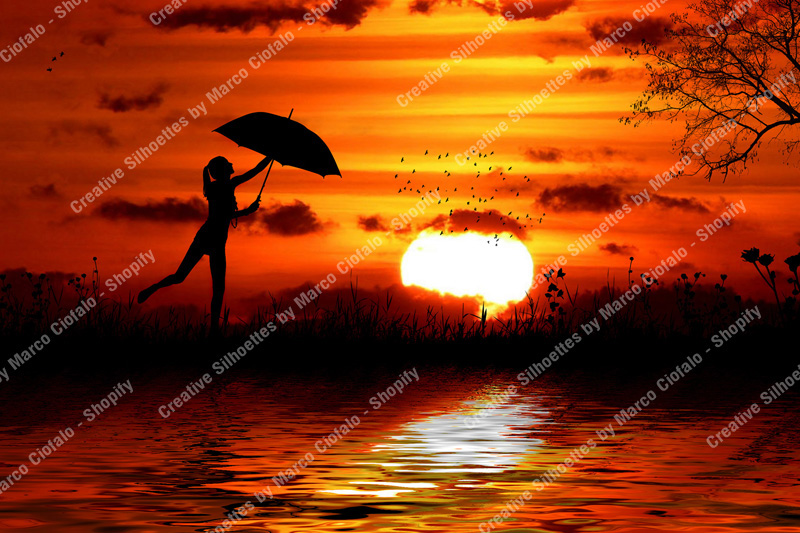 Umbrella Dream Girl - A dreaming girl with an umbrella. A beautiful sunset. Nature, flowers, butterflies. A few clouds and a flock of birds in the distance. Warm colors - Creative Silhouettes by Marco Ciofalo Digital Images, Illustrations, Artworks for sale. Immediate download